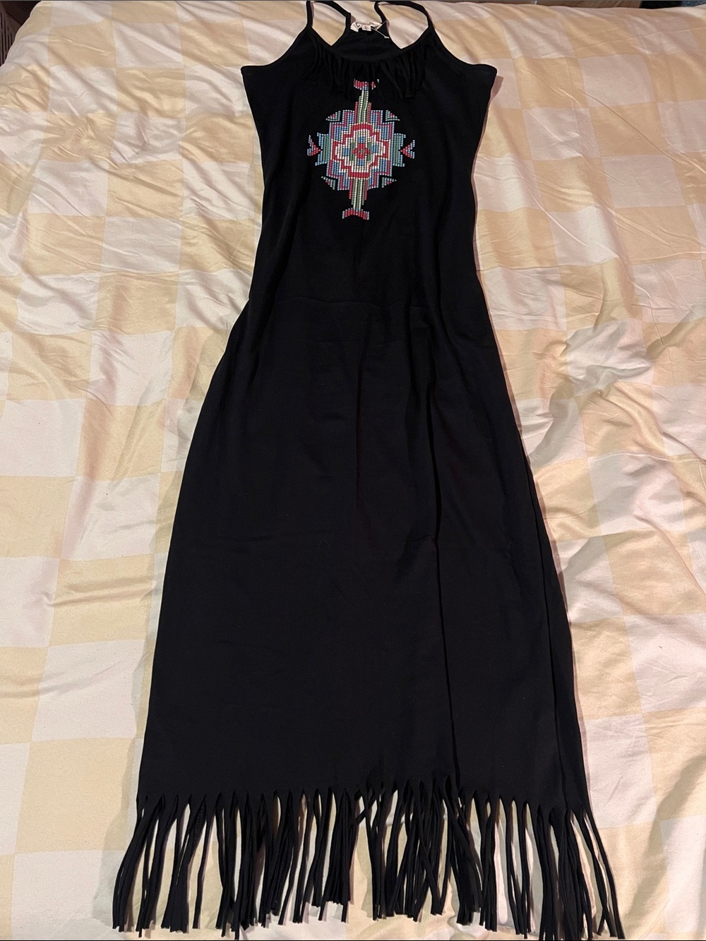 Energie Black Maxi Dress with Multicolor Geometric Embroidery